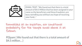 Formalized as an equation, our conditional
probability for the sample email above is as
follows:
P(Spam | We found out that there is a total amount of
$4.5 million… )
EMAIL TEXT: “We found out that there is a total
amount of $4.5 Million that has been assigned in your
name as the beneficiary and these fraudsters are
busy swindling you without any hope of receiving
your fund...”
 