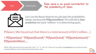 Task Defining f(x)
Each word in an email contributes to
the probability of spam.
Let’s use the Bayes theorem to calculate the probabilities
below, starting with P(Spam|million). This will tell us how
predictive the word “millions” is in determining spam.
P(Spam | We found out that there is a total amount of $4.5 million… )
= P(Spam|we) * P(Spam|found) * P(Spam|total) * P(Spam|amount) *
P(Spam|million) …
NOTE: Why did we leave out words like “that”, “is”, “a”, and “of”? These are examples of stopwords that would have been
removed while we were cleaning and preparing our data.
 