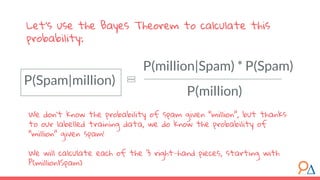 P(million|Spam) * P(Spam)
Let’s use the Bayes Theorem to calculate this
probability:
P(million)
P(Spam|million)
We don’t know the probability of spam given “million”, but thanks
to our labelled training data, we do know the probability of
“million” given spam!
We will calculate each of the 3 right-hand pieces, starting with
P(million|Spam)
 