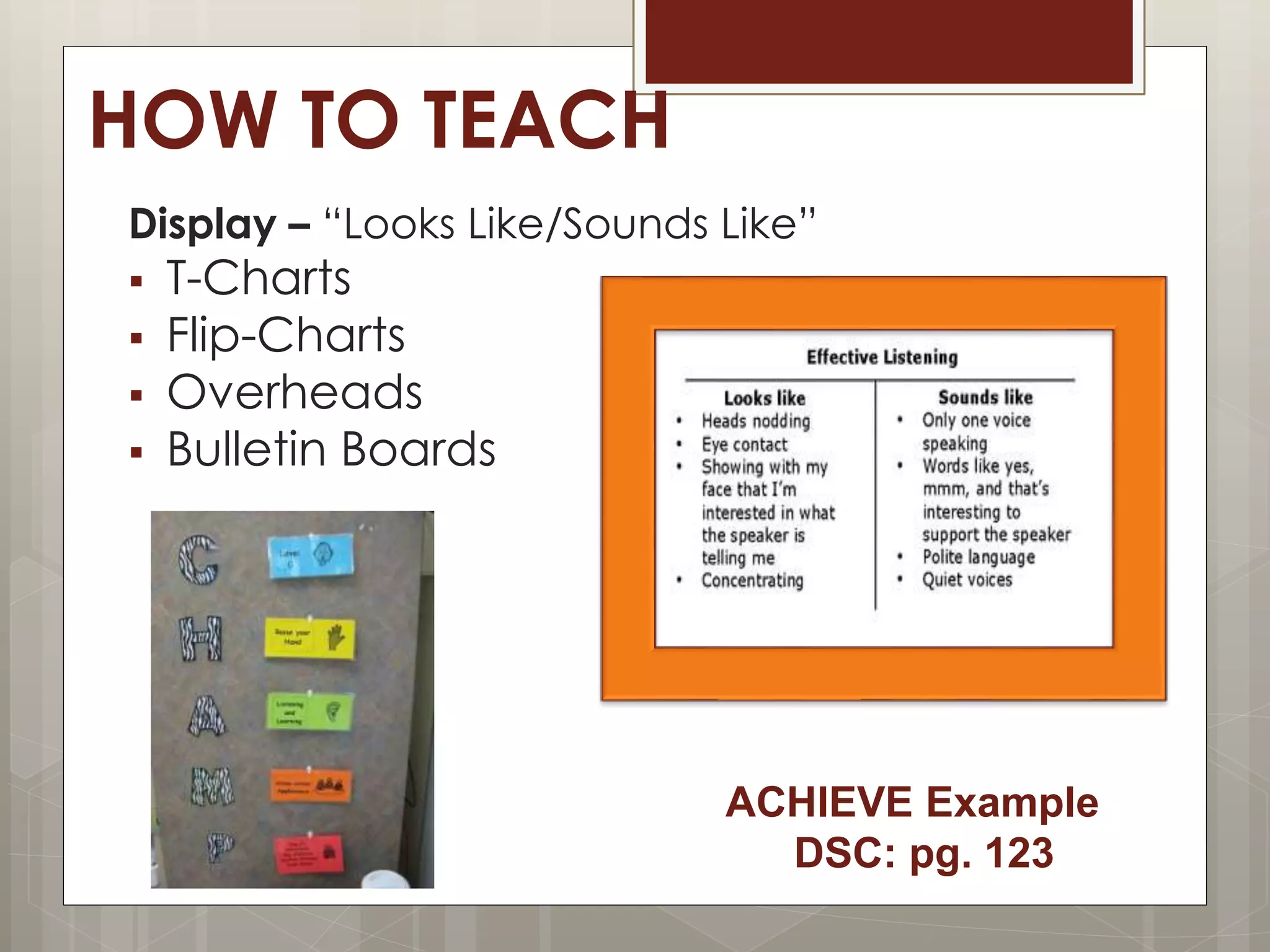 HOW TO TEACH
Display – “Looks Like/Sounds Like”
 T-Charts
 Flip-Charts
 Overheads
 Bulletin Boards
ACHIEVE Example
DSC: pg. 123
 