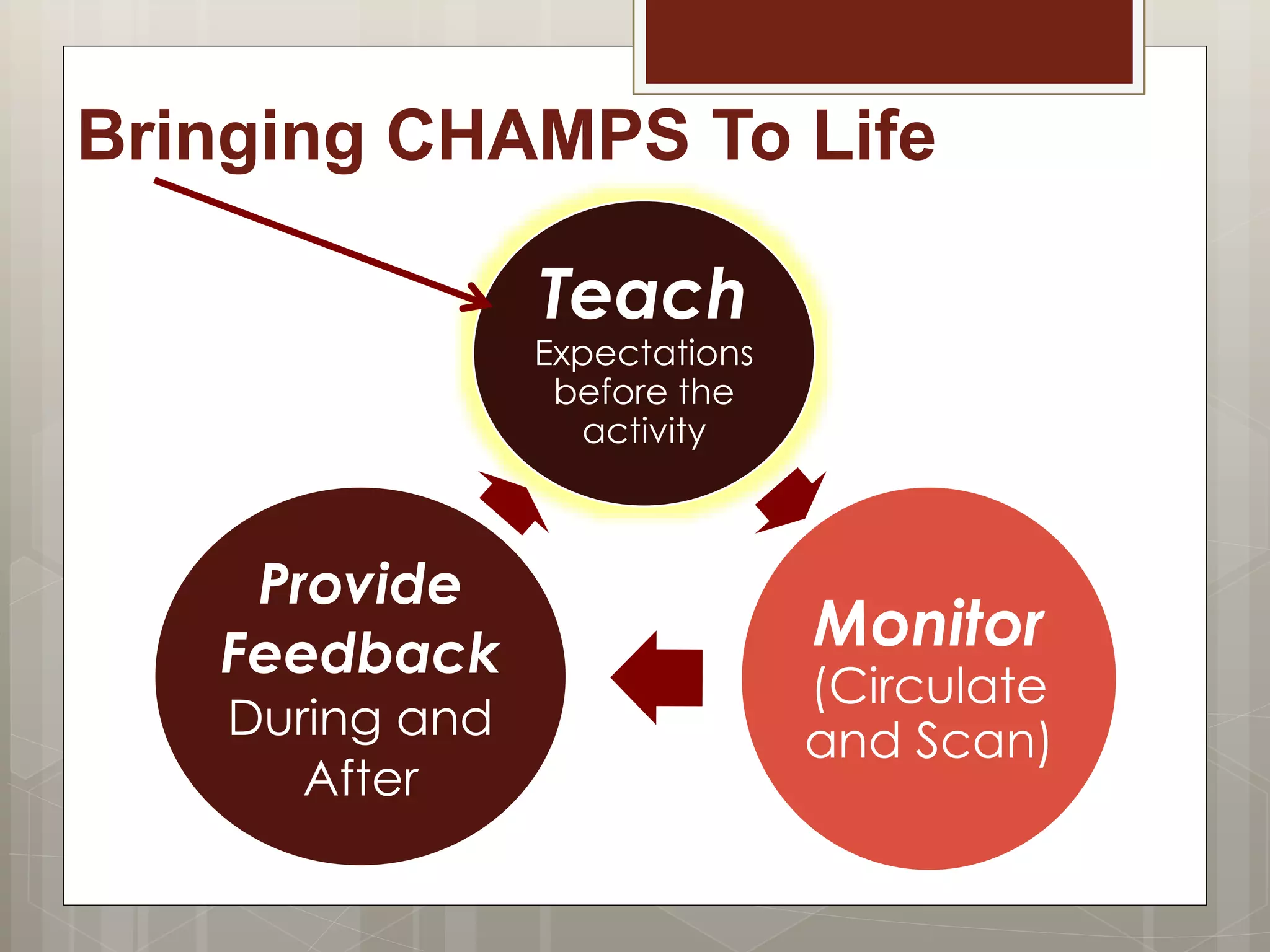 Bringing CHAMPS To Life
Teach
Expectations
before the
activity
Monitor
(Circulate
and Scan)
Provide
Feedback
During and
After
 