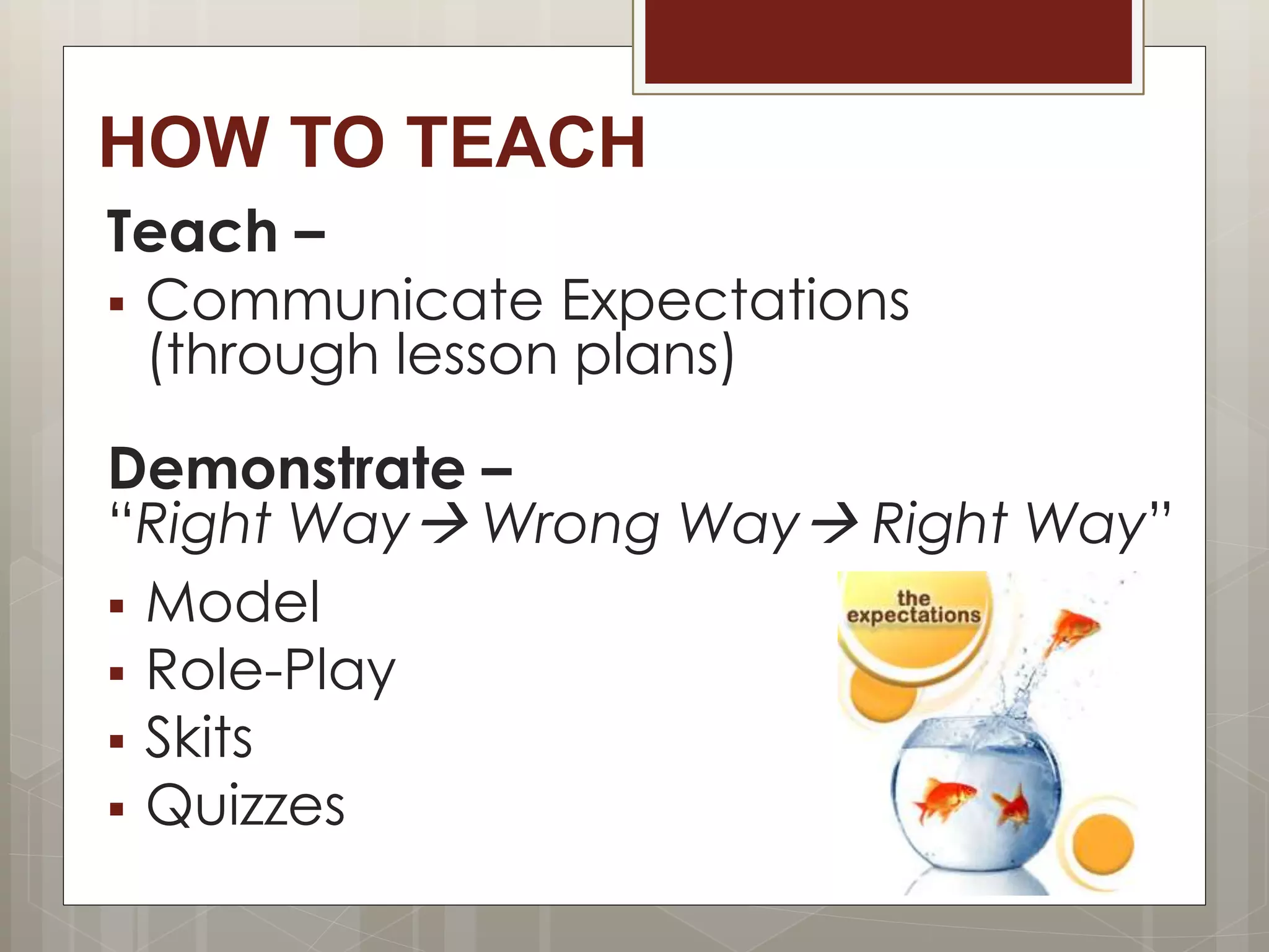 HOW TO TEACH
Demonstrate –
“Right Way Wrong Way Right Way”
 Model
 Role-Play
 Skits
 Quizzes
Teach –
 Communicate Expectations
(through lesson plans)
 
