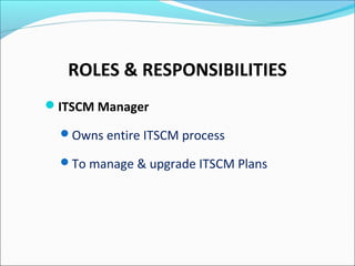 ROLES & RESPONSIBILITIES
ITSCM Manager
Owns entire ITSCM process
To manage & upgrade ITSCM Plans
 