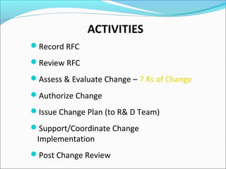 ACTIVITIES
Record RFC
Review RFC
Assess & Evaluate Change – 7 Rs of Change
Authorize Change
Issue Change Plan (to R& D Team)
Support/Coordinate Change
Implementation
Post Change Review
 