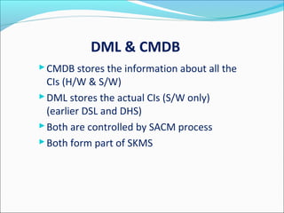 DML & CMDB
CMDB stores the information about all the
CIs (H/W & S/W)
DML stores the actual CIs (S/W only)
(earlier DSL and DHS)
Both are controlled by SACM process
Both form part of SKMS
 