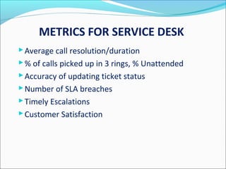 METRICS FOR SERVICE DESK
Average call resolution/duration
% of calls picked up in 3 rings, % Unattended
Accuracy of updating ticket status
Number of SLA breaches
Timely Escalations
Customer Satisfaction
 