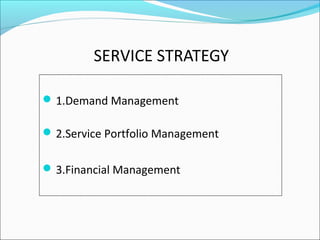 SERVICE STRATEGY
1.Demand Management
2.Service Portfolio Management
3.Financial Management
 