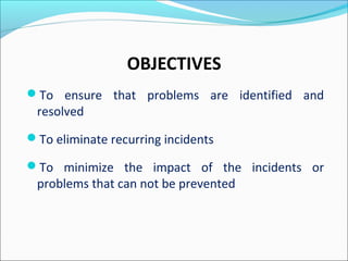 OBJECTIVES
To ensure that problems are identified and
resolved
To eliminate recurring incidents
To minimize the impact of the incidents or
problems that can not be prevented
 