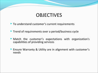 OBJECTIVES
 To understand customer’s current requirements
 Trend of requirements over a period/business cycle
 Match the customer’s expectations with organization's
capabilities of providing services
 Ensure Warranty & Utility are in alignment with customer’s
needs
 