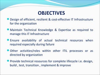 OBJECTIVES
Design of efficient, resilient & cost-effective IT Infrastructure
for the organization
Maintain Technical Knowledge & Expertise as required to
manage this IT Infrastructure
Ensure availability of actual technical resources when
required especially during failure
Other activities/roles within other ITIL processes or as
directed by organization
Provide technical resources for complete lifecycle i.e. design,
build , test, transition , implement & improve
 