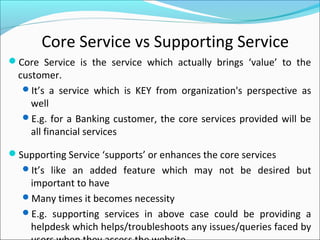 Core Service vs Supporting Service
Core Service is the service which actually brings ‘value’ to the
customer.
It’s a service which is KEY from organization's perspective as
well
E.g. for a Banking customer, the core services provided will be
all financial services
Supporting Service ‘supports’ or enhances the core services
It’s like an added feature which may not be desired but
important to have
Many times it becomes necessity
E.g. supporting services in above case could be providing a
helpdesk which helps/troubleshoots any issues/queries faced by
 