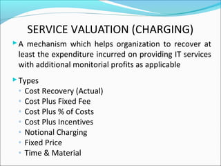 SERVICE VALUATION (CHARGING)
A mechanism which helps organization to recover at
least the expenditure incurred on providing IT services
with additional monitorial profits as applicable
Types
◦ Cost Recovery (Actual)
◦ Cost Plus Fixed Fee
◦ Cost Plus % of Costs
◦ Cost Plus Incentives
◦ Notional Charging
◦ Fixed Price
◦ Time & Material
 