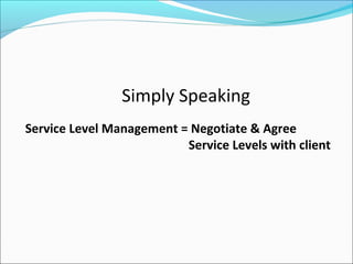 Simply Speaking
Service Level Management = Negotiate & Agree
Service Levels with client
 