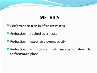 METRICS
Performance trends after estimates
Reduction in rushed purchases
Reduction in expensive overcapacity
Reduction in number of incidents due to
performance plans
 