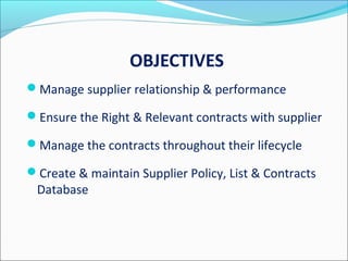 OBJECTIVES
Manage supplier relationship & performance
Ensure the Right & Relevant contracts with supplier
Manage the contracts throughout their lifecycle
Create & maintain Supplier Policy, List & Contracts
Database
 