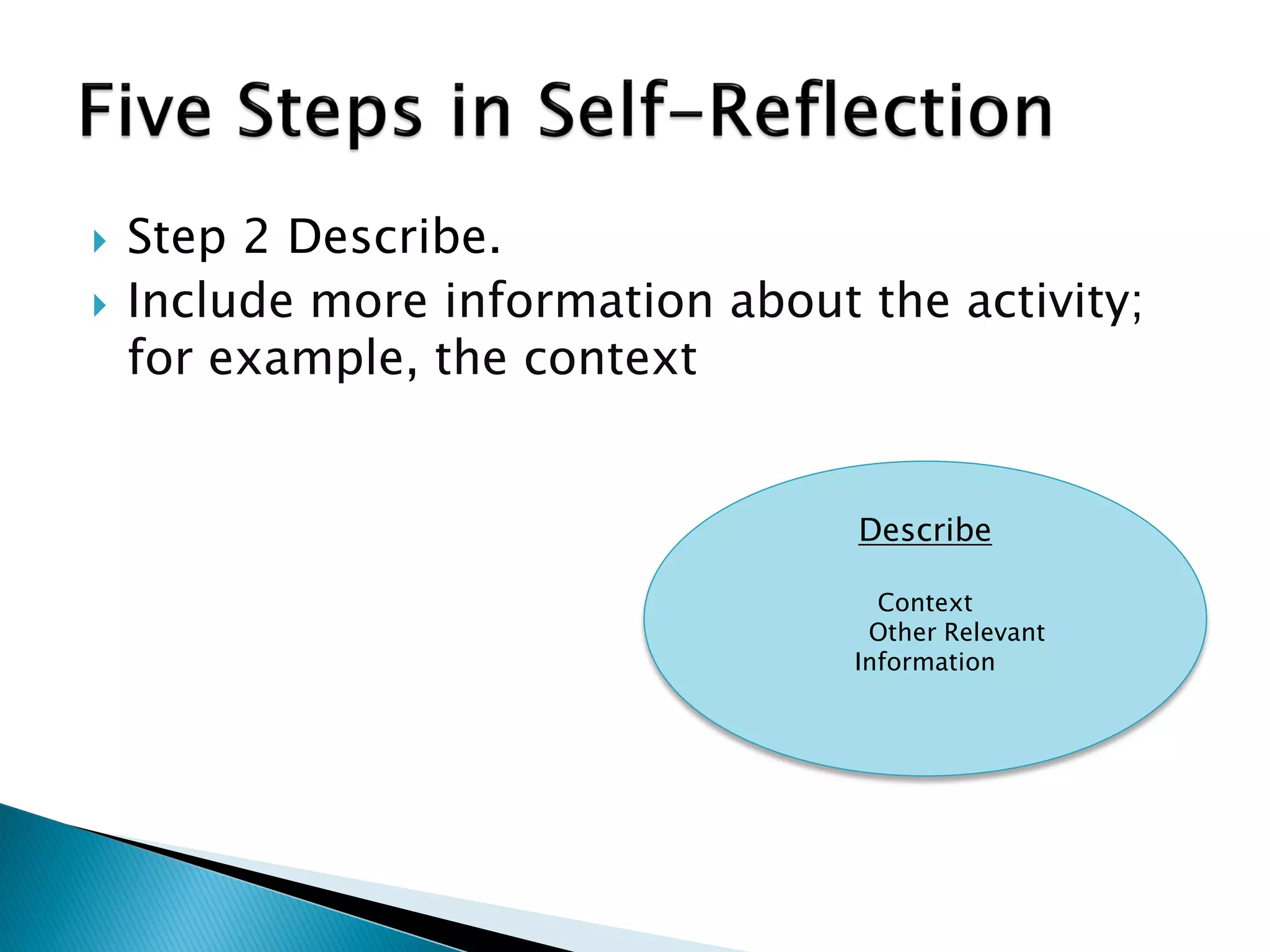  Step 2 Describe.
 Include more information about the activity;
for example, the context
Describe
Context
Other Relevant
Information
 
