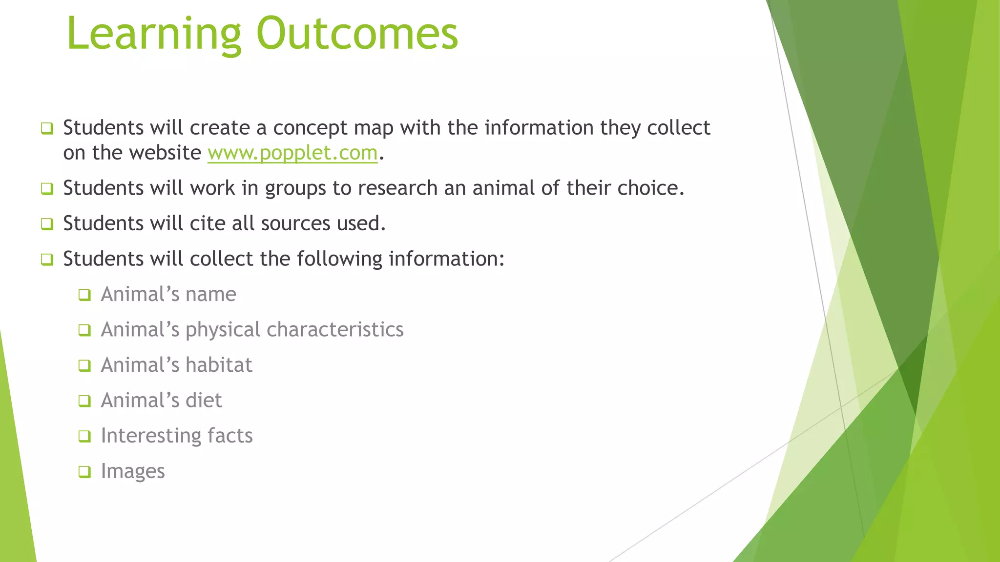 Learning Outcomes
 Students will create a concept map with the information they collect
on the website www.popplet.com.
 Students will work in groups to research an animal of their choice.
 Students will cite all sources used.
 Students will collect the following information:
 Animal’s name
 Animal’s physical characteristics
 Animal’s habitat
 Animal’s diet
 Interesting facts
 Images
 