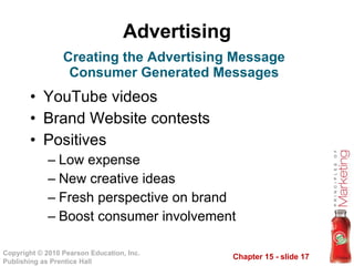Advertising YouTube videos Brand Website contests Positives Low expense New creative ideas Fresh perspective on brand Boost consumer involvement Creating the Advertising Message Consumer Generated Messages 