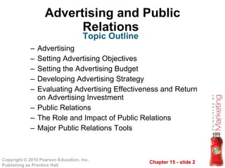 Advertising and Public Relations  Advertising Setting Advertising Objectives Setting the Advertising Budget Developing Advertising Strategy Evaluating Advertising Effectiveness and Return on Advertising Investment Public Relations The Role and Impact of Public Relations Major Public Relations Tools Topic Outline 