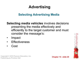 Advertising Selecting media vehicles  involves decisions presenting the media effectively and efficiently to the target customer and must consider the message’s: Impact Effectiveness Cost Selecting Advertising Media 