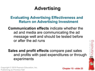 Advertising Communication effects  indicate whether the ad and media are communicating the ad message well and should be tested before or after the ad runs Sales and profit effects  compare past sales and profits with past expenditures or through experiments Evaluating Advertising Effectiveness and Return on Advertising Investment 