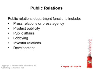 Public Relations Public relations department functions include: Press relations or press agency Product publicity Public affairs Lobbying Investor relations Development 