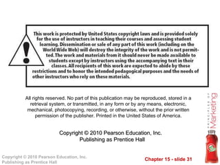 All rights reserved. No part of this publication may be reproduced, stored in a retrieval system, or transmitted, in any form or by any means, electronic, mechanical, photocopying, recording, or otherwise, without the prior written permission of the publisher. Printed in the United States of America. Copyright © 2010 Pearson Education, Inc.   Publishing as Prentice Hall 