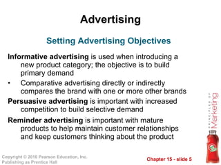 Advertising Informative advertising  is used when introducing a new product category; the objective is to build primary demand Comparative advertising directly or indirectly compares the brand with one or more other brands Persuasive advertising  is important with increased competition to build selective demand Reminder advertising  is important with mature products to help maintain customer relationships and keep customers thinking about the product Setting Advertising Objectives 