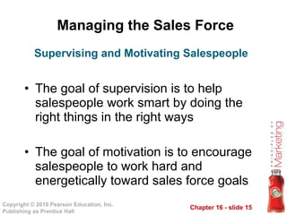 Managing the Sales Force The goal of supervision is to help salespeople work smart by doing the right things in the right ways The goal of motivation is to encourage salespeople to work hard and energetically toward sales force goals Supervising and Motivating Salespeople 
