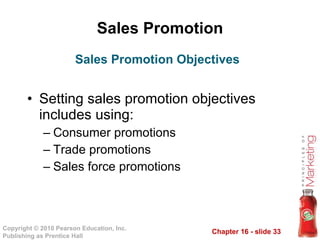 Sales Promotion Setting sales promotion objectives includes using: Consumer promotions  Trade promotions  Sales force promotions Sales Promotion Objectives 