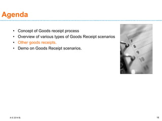 A © 2014 B. 18
• Concept of Goods receipt process
• Overview of various types of Goods Receipt scenarios
• Other goods receipts.
• Demo on Goods Receipt scenarios.
Agenda
 