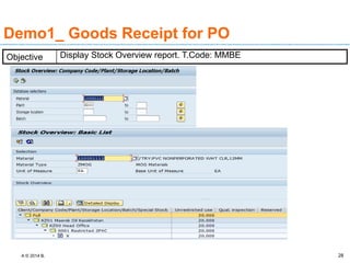 A © 2014 B. 28
Demo1_ Goods Receipt for PO
Objective Display Stock Overview report. T.Code: MMBE
 