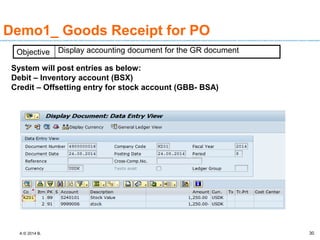A © 2014 B. 30
Demo1_ Goods Receipt for PO
System will post entries as below:
Debit – Inventory account (BSX)
Credit – Offsetting entry for stock account (GBB- BSA)
Objective Display accounting document for the GR document
 
