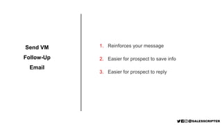 1. Reinforces your message
2. Easier for prospect to save info
3. Easier for prospect to reply
Send VM
Follow-Up
Email
 