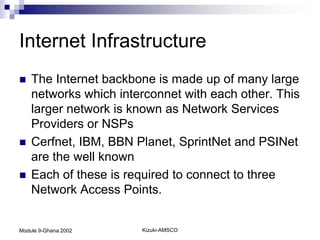 Internet Infrastructure
   The Internet backbone is made up of many large
    networks which interconnet with each other. This
    larger network is known as Network Services
    Providers or NSPs
   Cerfnet, IBM, BBN Planet, SprintNet and PSINet
    are the well known
   Each of these is required to connect to three
    Network Access Points.


Module 9-Ghana 2002    Kizuki-AMSCO
 