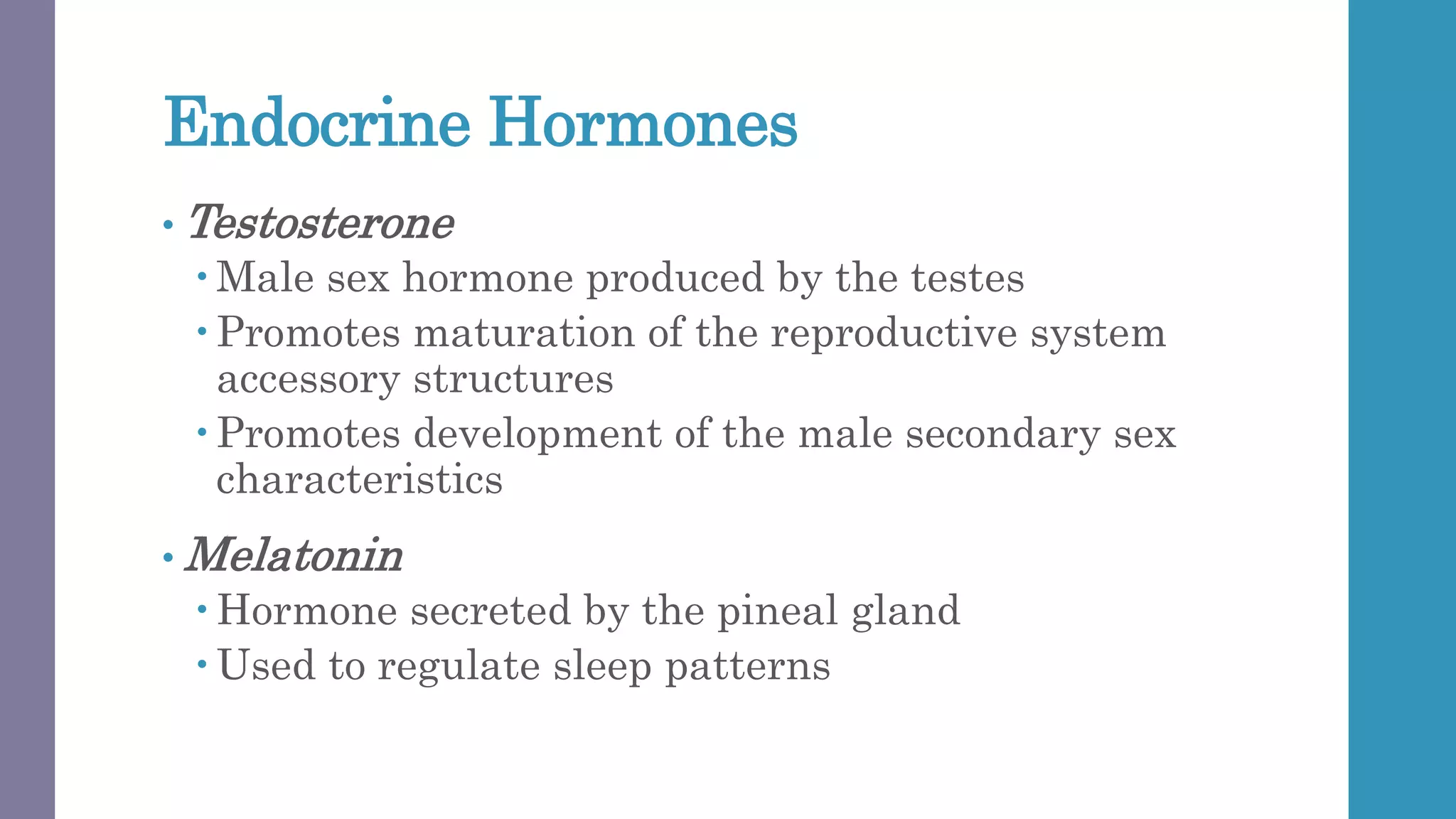 Endocrine Hormones
• Testosterone
 Male sex hormone produced by the testes
 Promotes maturation of the reproductive system
accessory structures
 Promotes development of the male secondary sex
characteristics
• Melatonin
 Hormone secreted by the pineal gland
 Used to regulate sleep patterns
 