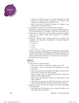 264 NISHTHA — Training Package
Module
9
■	 subtracts numbers using 1 to 9. For example the child
takes out 3 objects from a collection of 9 objects and
counts the remaining to conclude 9 – 3 = 6.
■	 solves day-to-day problems related to addition and
subtraction of numbers up to 9.
•	recognises numbers up to 99 and writes numerals.
•	describes the physical features of various solids/shapes in
her own language. For example, a ball rolls, a box slides etc.
•	estimates and measures short lengths using non-uniform
units like a finger, hand span, length of a forearm,
footsteps, etc.
•	observes, extends and creates patterns of shapes and
numbers. For example, arrangement of shapes/objects/
numbers, etc.
■	 1,2,3,4,5,...
■	 1,3,5,…
■	 2,4,6,…
■	 1,2,3,1,2,..., 1,…3,…
•	collects, records (using pictures/numerals) and interprets
simple information by looking at visuals. (For example in a
picture of a garden the child looks at different flowers and
draws inference that flowers of a certain colour are more).
•	develops the concept of zero.
Class II
The learner
•	works with two digit numbers.
■	 reads and writes numerals for numbers up to 99.
■	 uses place value in writing and comparing two digit
numbers.
■	 forms the greatest and smallest two digit numbers (with
and without repetition of given digits).
■	 solves simple daily life problems/situations based on
addition of two digit numbers.
■	 solves daily life situations based on subtraction of two
digit numbers.
■	 represents an amount up to Rs.100 using 3–4 notes and
coins (of same/different denominations of play money.
•	describes basic 3D and 2D shapes with their observable
characteristics.
■	 identifies basic 3D-shapes such as cuboid, cylinder, cone
and sphere by their names.
Module 9 - Pedagogy of Mathematics.indd 264 19-08-2019 13:27:36
 