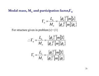 26
Modal mass, Mn and participation factor,Γn
   
    
n
T
n
T
n
n
n
n
m
m
M
L







   
    
1
1
1
1
1
1



m
m
M
L
T
T
1



For structure given in problem{ι}={1}
   
    
n
T
n
T
n
n
n
n
m
m
M
L


 1




 