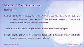Module 9.1 Project Submission
References
Sunday, October 23, 2022 Michael Basanta | 15
Fowler, S. (2014). Why Motivating P...