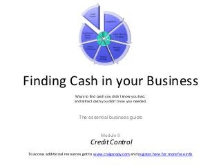To access additional resources got to www.craigscopy.com and register here for more free info
Finding Cash in your Business
Ways to find cash you didn’t know you had,
and attract cash you didn’t now you needed.
The essential business guide
Module 9
Credit Control
 
