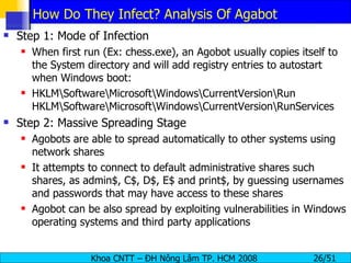 How Do They Infect? Analysis Of Agabot Step 1: Mode of Infection When first run (Ex: chess.exe), an Agobot usually copies itself to the System directory and will add registry entries to autostart when Windows boot: HKLM\Software\Microsoft\Windows\CurrentVersion\Run HKLM\Software\Microsoft\Windows\CurrentVersion\RunServices Step 2: Massive Spreading Stage  Agobots are able to spread automatically to other systems using network shares It attempts to connect to default administrative shares such shares, as admin$, C$, D$, E$ and print$, by guessing usernames and passwords that may have access to these shares Agobot can be also spread by exploiting vulnerabilities in Windows operating systems and third party applications 