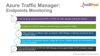 Copyright IntelliPaat, All rights reserved
Azure Traffic Manager:
Endpoints Monitoring
If the monitoring protocol is set as HTTP or HTTPS, the Traffic Manager probing the endpoint.
If it gets back a 200-OK response, then that endpoint is considered healthy.
If the response is a different value/ no response Traffic Manager re-attempts according to the no.
of failures setting.
If the number of consecutive failures is higher than the no. of failures setting, then that endpoint is
marked as unhealthy.
If the monitoring protocol is TCP, the Traffic Manager probing agent initiates a TCP connection request
using the port specified.
 