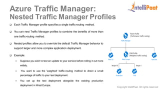 Copyright IntelliPaat, All rights reserved
Azure Traffic Manager:
Nested Traffic Manager Profiles
 Each Traffic Manager profile specifies a single traffic-routing method.
 You can nest Traffic Manager profiles to combine the benefits of more than
one traffic-routing method.
 Nested profiles allow you to override the default Traffic Manager behavior to
support larger and more complex application deployment.
 Example:
 Suppose you wish to test an update to your service before rolling it out more
widely.
 You want to use the 'weighted' traffic-routing method to direct a small
percentage of traffic to your test deployment.
 You set up the test deployment alongside the existing production
deployment in West Europe.
 