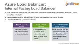 Copyright IntelliPaat, All rights reserved
Azure Load Balancer:
Internal Facing Load Balancer
 Azure Internal Load Balancer (ILB) only directs traffic to resources that are inside a cloud service or that use a VPN to
access Azure infrastructure.
 The load-balanced virtual IP (VIP) addresses are never directly exposed to an internet endpoint.
 ILB enables the following types of load balancing:
Within a cloud
service
• Load balancing from
VMs that reside within
the same cloud service.
Within a virtual
network
• Load balancing from
VMs in the virtual
network that reside
within the same virtual
network.
For a cross-premises
virtual network
• Load balancing from on-
premises computers to a
set of VMs that reside
within the same virtual
network.
 
