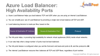 Copyright IntelliPaat, All rights reserved
Azure Load Balancer:
High Availability Ports
 Azure Load Balancer helps you load balance TCP and UDP, when you are using an internal Load Balancer.
 You can simplify your use of Load Balancer by providing a single rule to load balance all TCP and UDP.
 Load balancing decision is made per flow, based on the:
 The HA ports helps, in providing high availability for network virtual appliances (NVA) inside virtual networks.
 It can also help when a large number of ports must be load balanced.
 The HA ports feature is configured when you set the front-end and back-end ports to 0, and the protocol to All.
 The internal Load Balancer resource then balances all TCP and UDP flows, regardless of port number.
Source & Destination IP Address Source & Destination Port Protocol
 