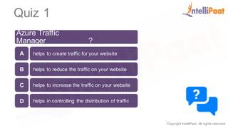 Copyright IntelliPaat, All rights reserved
Quiz 1
Azure Traffic
Manager__________?
helps to create traffic for your website
helps to reduce the traffic on your website
helps to increase the traffic on your website
helps in controlling the distribution of traffic
A
B
C
D
 