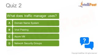 Copyright IntelliPaat, All rights reserved
Quiz 2
What does traffic manager uses?
Domain Name System
Vnet Peering
Azure VM
Network Security Groups
A
B
C
D
 