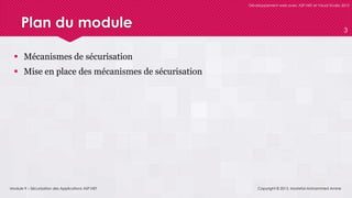 Module 9 – Sécurisation des Applications ASP.NET
Développement web avec ASP.NET et Visual Studio 2012
Plan du module
 Mécanismes de sécurisation
 Mise en place des mécanismes de sécurisation
Copyright © 2013, Mostefai Mohammed Amine
3
 
