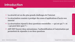 Section 1 : Mécanismes de Sécurisation
Développement web avec ASP.NET et Visual Studio 2012
Module9-SécurisationdesApplicationsASP.NET
Introduction
 La sécurité est un des plus grands challenges de l’internet
 La sécurisation consiste à protéger des zones d’applications d’accès non
autorisé
 La sécurisation répond à deux questions essentielles : « qui est qui ? » et
« qui peut faire quoi ? »
 ASP.NET fournir deux mécanismes, l’authentification et l’autorisation qui
permettent de répondre à ces deux questions
Copyright © 2013, Mostefai Mohammed Amine
5
 