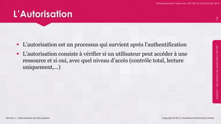 Section 1 : Mécanismes de Sécurisation
Développement web avec ASP.NET et Visual Studio 2012
Module9-SécurisationdesApplicationsASP.NET
L’Autorisation
 L’autorisation est un processus qui survient après l’authentification
 L’autorisation consiste à vérifier si un utilisateur peut accéder à une
ressource et si oui, avec quel niveau d’accès (contrôle total, lecture
uniquement,…)
Copyright © 2013, Mostefai Mohammed Amine
7
 